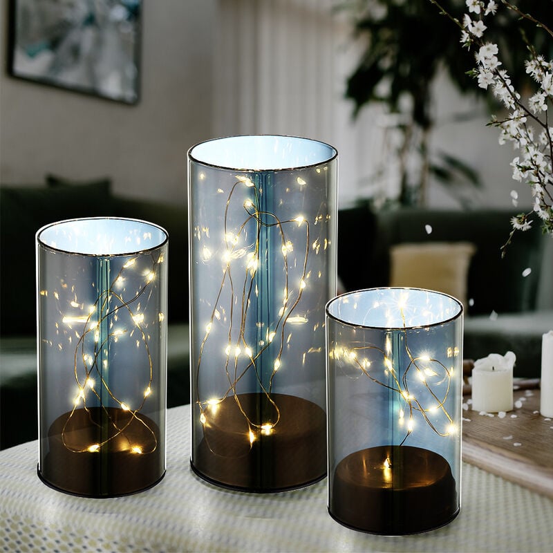 Etc-shop - Lampes de table lampe décorative en verre fumé lanterne en verre led, interrupteur minuterie, piles, blanc chaud, h 12,5 - 15 - 17,5 cm,
