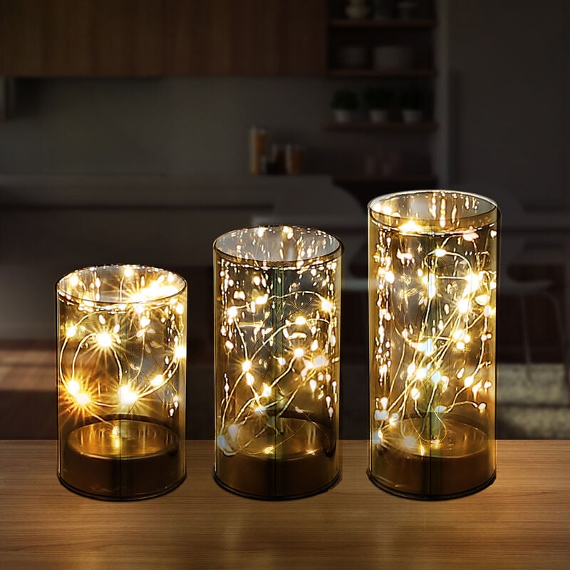 Lampes de table lampe décorative en verre fumé lanterne en verre led, interrupteur minuterie, piles, blanc chaud, h 12,5 - 15 - 17,5 cm, lot de 3