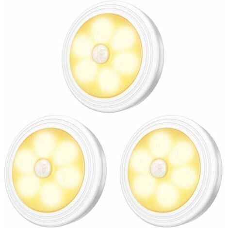 Lampes LED pour armoire/armoire, 3 pièces, veilleuse, détecteur de mouvement LED avec base magnétique pour vitrines d'armoires d'escalier de cuisine (fonctionnant sur piles)