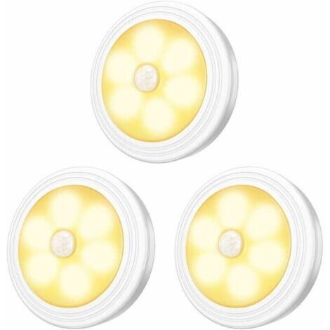 Lampes LED pour armoire/armoire, 3 pièces, veilleuse, détecteur de mouvement LED avec base magnétique pour vitrines d'armoires d'escalier de cuisine (fonctionnant sur piles)