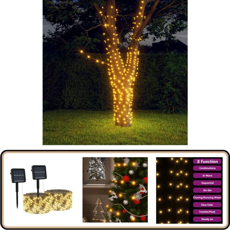 Lampes solaires 2 pcs 2x200 led Blanc chaud Intérieur Extérieur - Guirlande Lumineuse Solaire - Décoration Noel - Lumières Extérieures - Lampes