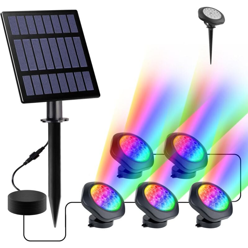 Aougo - Lampes solaires de bassin, rgb Lampe Solaire avec IP68 Étanche, Spots Solaire pour aquarium, jardin(5 lampes frontales) [Classe énergétique