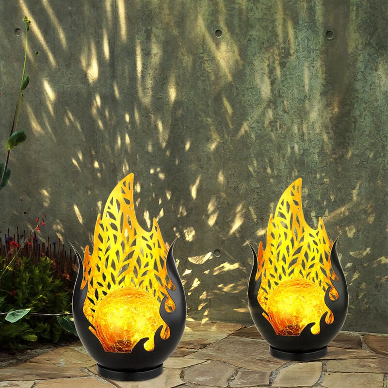 Lampes solaires de décoration de jardin pour l'extérieur, décoration de balcon extérieur boule de verre optique flamme or noir, batterie métal IP44,