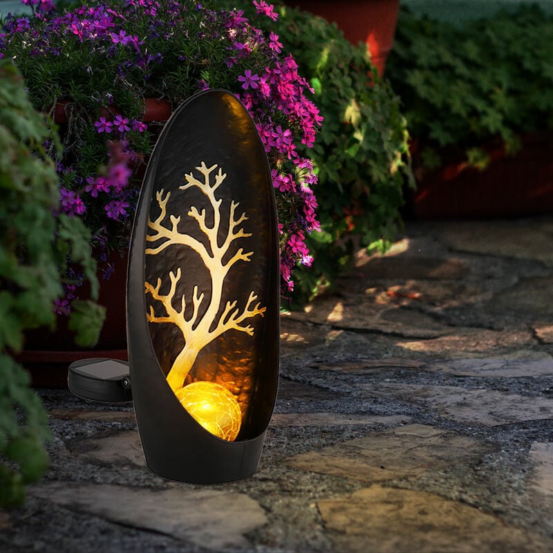 Lampes solaires de décoration de jardin pour l'extérieur, décoration de balcon extérieur boule de verre sapin noir argenté, batterie métal IP44, 1x
