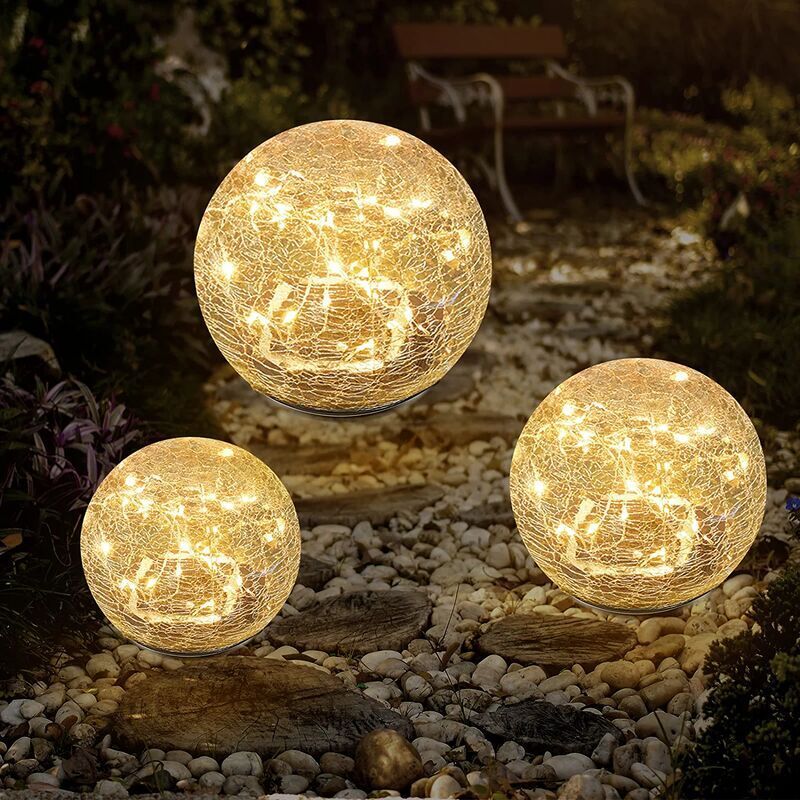 Lampes solaires de jardin, boule de verre fissurée étanche LED blanc chaud pour décoration extérieure décorations allée patio cour pelouse, 1 globe