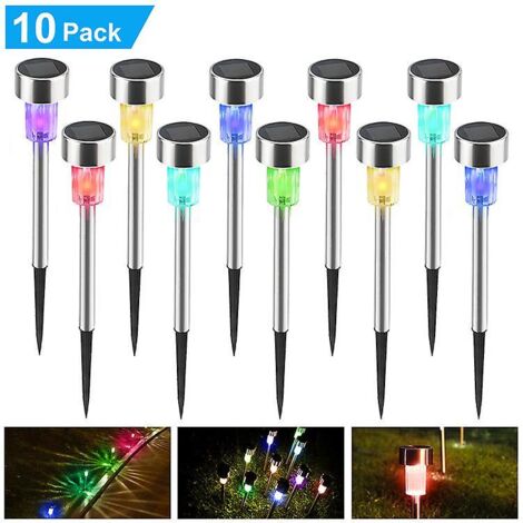 Lampes solaires de jardin colorées - Lot de 10 lampes solaires d'extérieur en acier inoxydable pour pelouse, cour, terrasse, allée, chemin