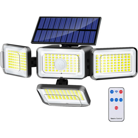 Lampes solaires d'extérieur 288 LED, étanches, avec détecteur de mouvement et télécommande, 4 projecteurs solaires pour jardin, terrasse et cour