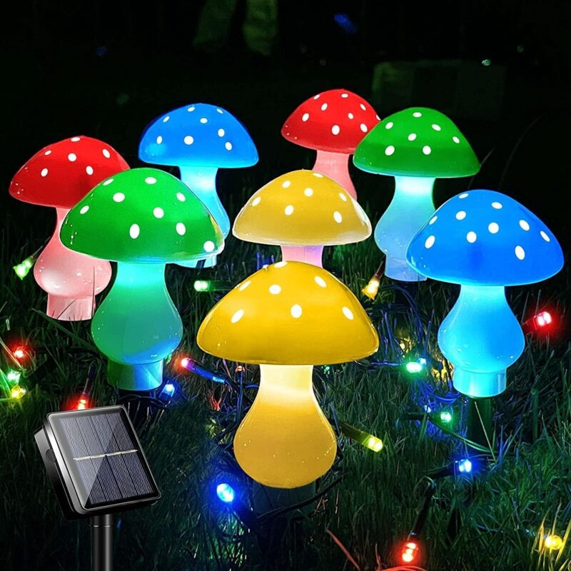 Lampes solaires d'extérieur améliorées, lot de 8 lampes LED champignon, 7 m, étanches, guirlande lumineuse féerique mignonne pour jardin, terrasse,