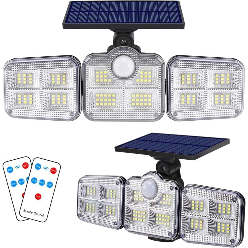 Lampes solaires d'extérieur avec détecteur de mouvement et télécommande, 3 têtes réglables, projecteur led de sécurité avec éclairage grand angle de