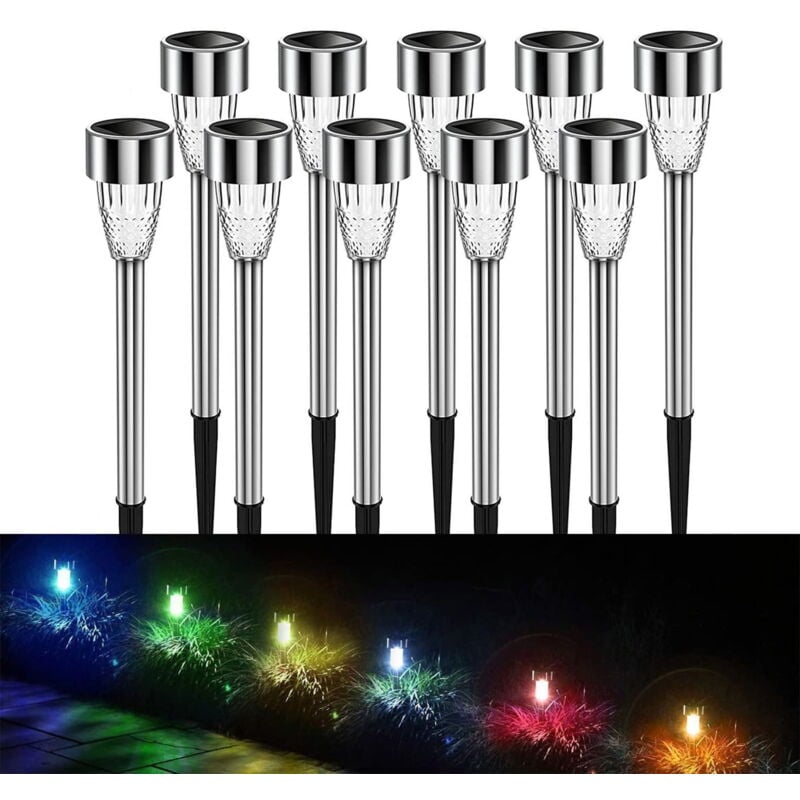 Lampes solaires d'extérieur, lampes solaires de jardin, éclairage paysager, éclairage de chemin pour pelouse, terrasse, acier inoxydable, lot de 10