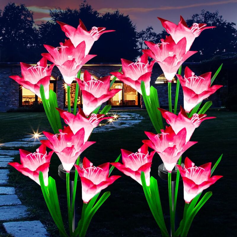 Lampes Solaires d'extérieur, Lot de 4 solaires lys Fleurs à LED avec - pour Jardin, terrasse, Cour, allée, fête, clôture de Mariage - Rose
