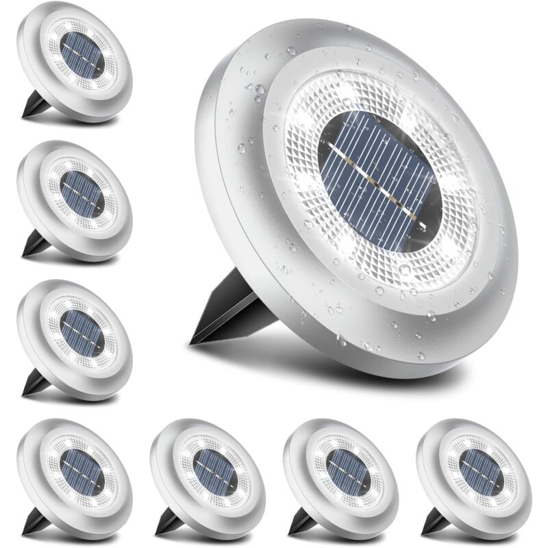 Lampes solaires d'extérieur pour jardin, 600 mAh, 8 LED, pour jardin, pelouse, allée, cour, paysage, allée (lot de 8, blanc brillant)