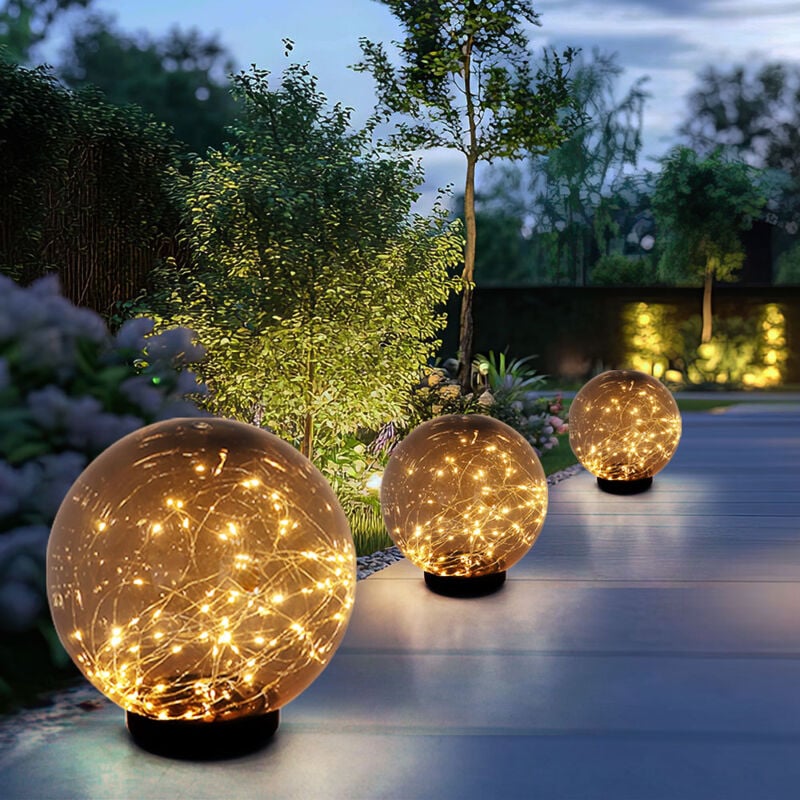 Globo - Lampes solaires enfichables, boule lumineuse sur piquet, boule lumineuse solaire d'extérieur, couleur fumée, led blanc chaud, d 15-20 cm, lot