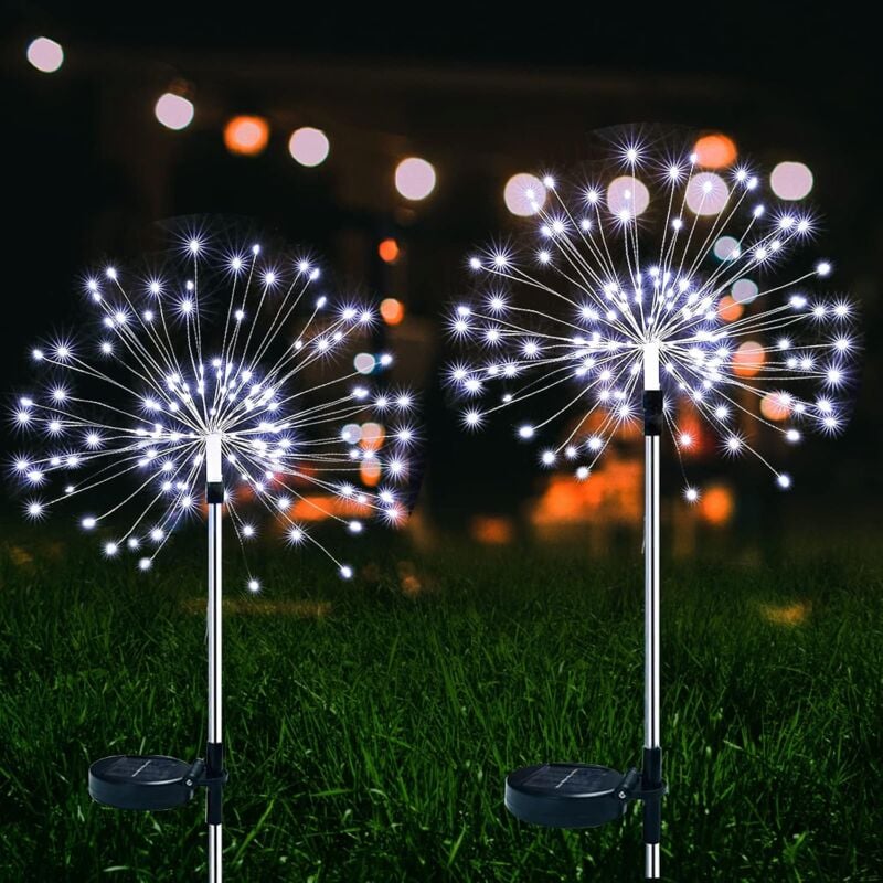 Jusch - Lampes Solaires Extérieures, 2 Pièces 150 led Lumières Feux d'Artifice Solaire, 2 Modes Solar pour Extérieur Patio Pelouse Noël Décor (Blanc)