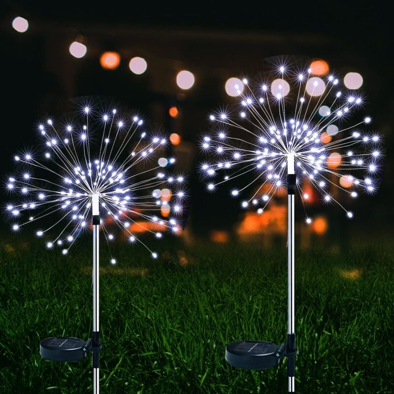 Lampes Solaires Extérieures, 2 Pièces 150 LED Lumières Feux d'Artifice Solaire, 2 Modes Solar pour Extérieur Patio Pelouse Noël Décor (Blanc)