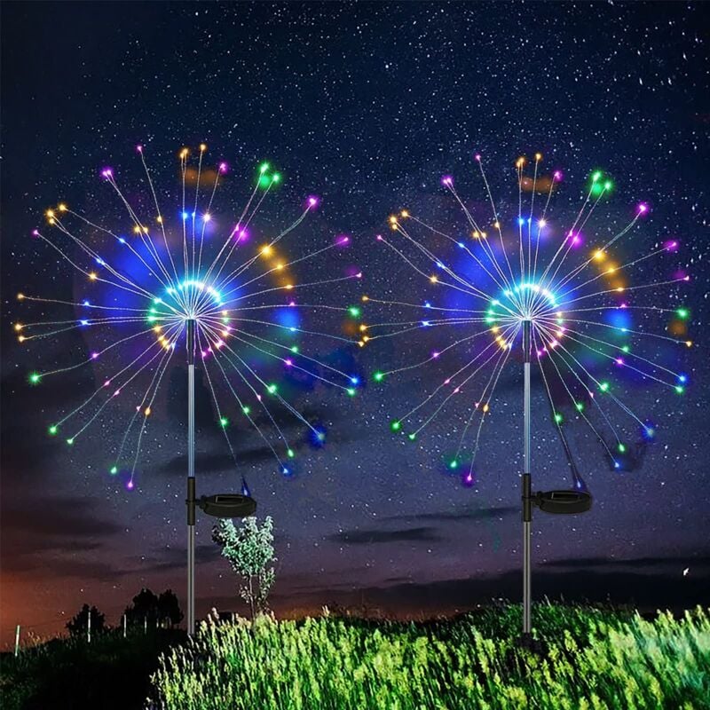 Lampes Solaires Extérieures, 2 Pièces 150 led Lumières Feux d'Artifice Solaire, 2 Modes Solar pour Extérieur Patio Pelouse Noël Décor (Multicolore)