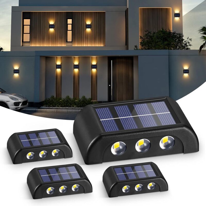 Lampes Solaires Extérieures, 4 Pack, Blanc Chaud Applique Murale Led IP65 Étanche Haut Et Bas pour Jardin Cour Patio Balcon Clôture