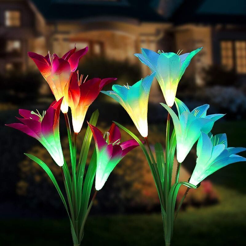 Lampes Solaires Extérieures de Jardin 8 Fleur de Lys Multicolore Changement LED Lampes Solaires sur Piquet Jardin Patio Jardin (Bleu et Violet)