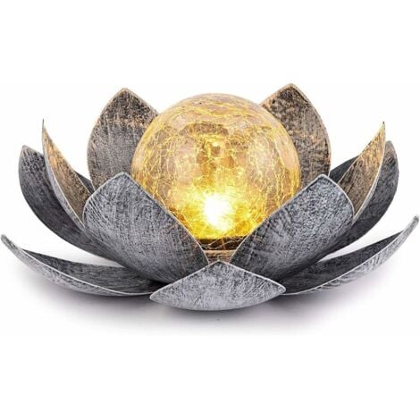 Lampes Solaires Extérieures De Jardin, Décoration De Lotus En Verre De Sphère Craquelée Ambre, Lumières De Fleur LED En Métal Imperméable Pour Patio Pelouse Passerelle Table Sol