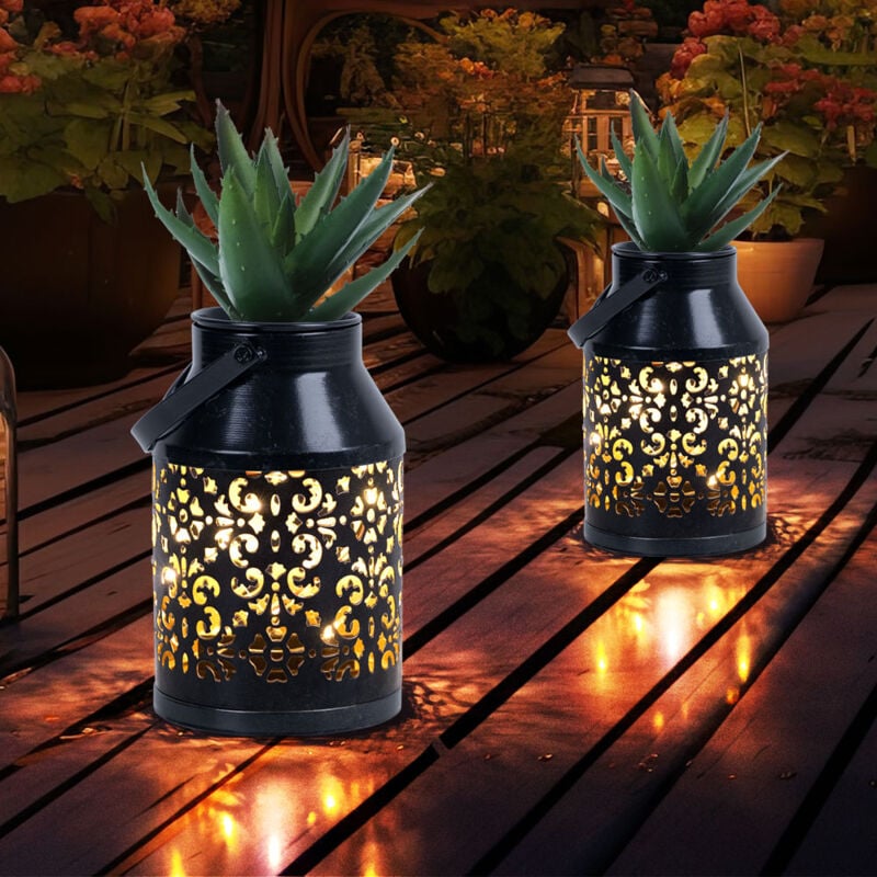 Lampes solaires pour décoration de balcon extérieur motif décoration de jardin lanterne solaire en métal jardinière suspendue, noir, led, DxH 10x16