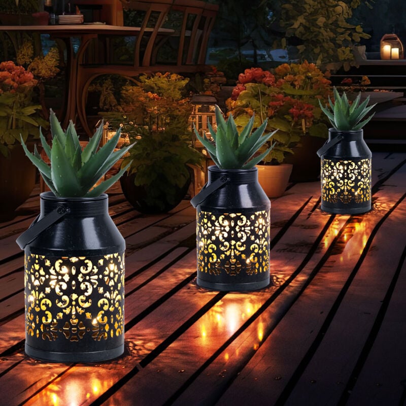Lampes solaires pour décoration de balcon extérieur motif décoration de jardin lanterne solaire en métal jardinière suspendue, noir, led, DxH 10x16