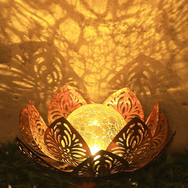 Lampes solaires pour extérieur - Décoration de jardin pour l'extérieur - Feuilles de lotus avec boule en verre craquelé - Lampe solaire en forme de