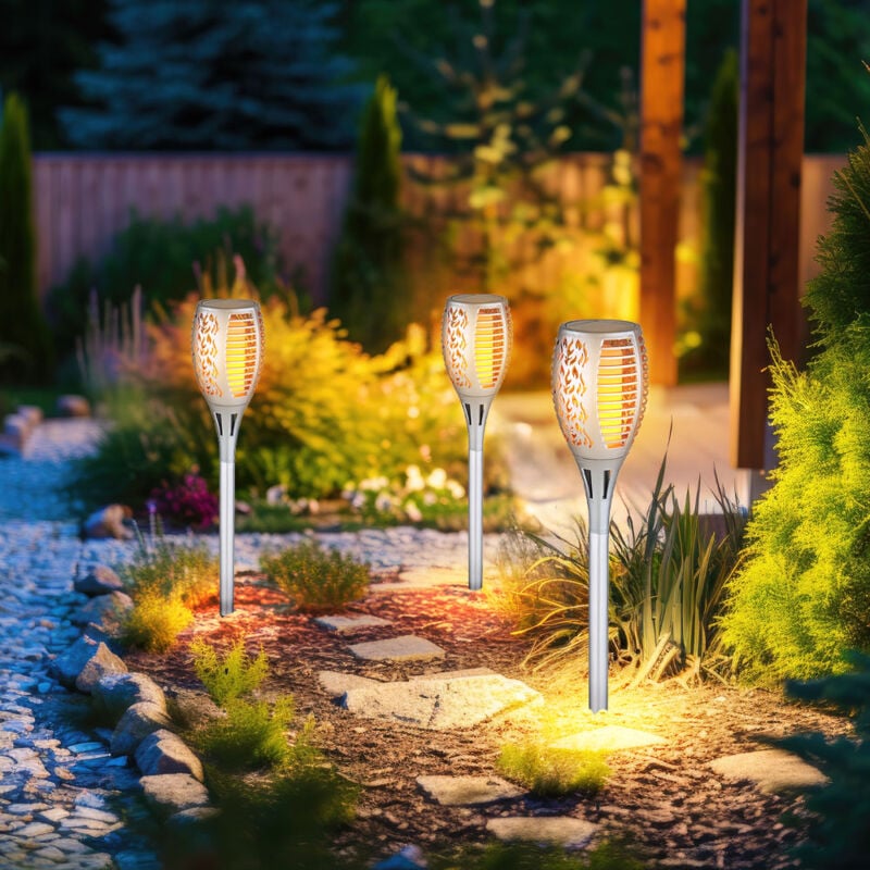 Lampes solaires pour jardin extérieur lampe enfichable effet flamme IP44 batterie lampes solaires jardin, plastique argent, 1x led 3000K, DxH