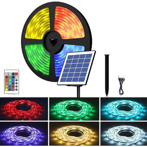 Lampes solaires RGB, bandes lumineuses LED, 5 mètres 150 lumières, lampes de jardin, lumières décoratives de terrasse