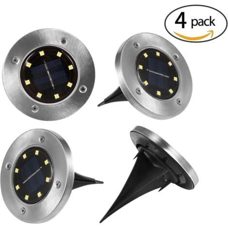 LITZEE Lampes solaires sol Lot de 4 disques solaires Lampes de sol 8 LED Lampe jardin solaire Lampe exterieure solaire IP65 pour jardin, allée, chemins lampe de table solaire Lumiere exterieure solaire(Blan