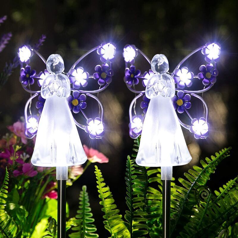 Lampes solaires sur piquet de jardin Angel - Lot de 2 lampes solaires Angel pour jardin extérieur, lumière éternelle Angel avec 7 LED pour