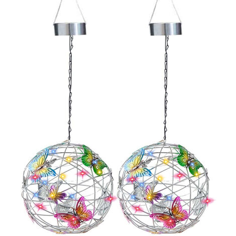 Lampes solaires suspendues en forme de papillon multicolores, luminaires décoratifs de jardin, boule en maille, Pack de 2
