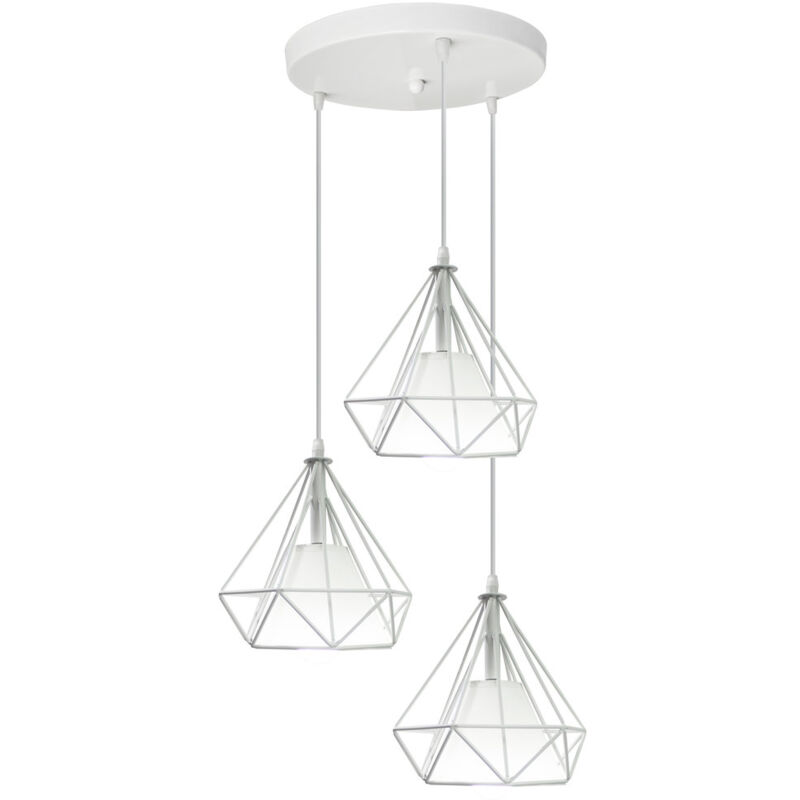 Norcks - Lampes Suspendues Cage En Fer En Métal 3 Supports De Lampe Plafonnier En Forme De Diamant Ø20CM Pour Cuisine Salon Restaurant Bar (Blanc)