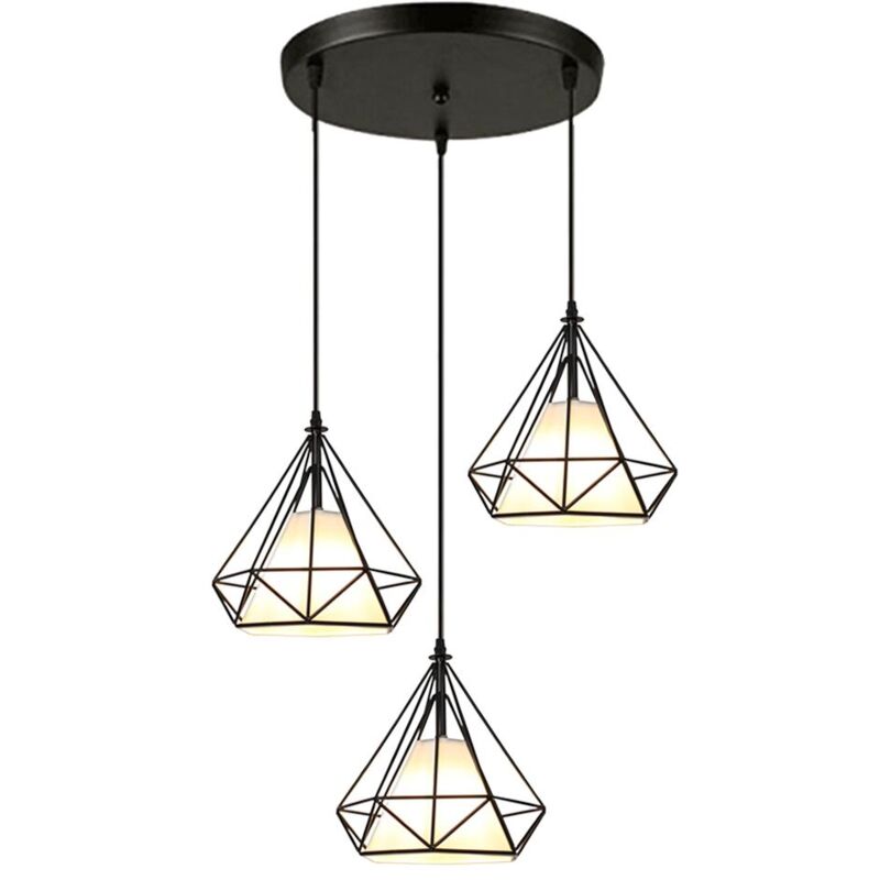 Norcks - Lampes Suspendues Cage En Fer En Métal 3 Supports De Lampe Plafonnier En Forme De Diamant Ø20CM Pour Cuisine Salon Restaurant Bar (Noir)
