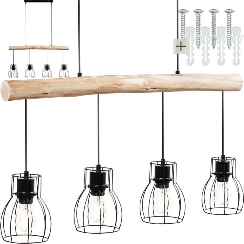 Tectake - Lampes suspendues woody poutre en bois et 4 ampoules 40 w - noir/marron