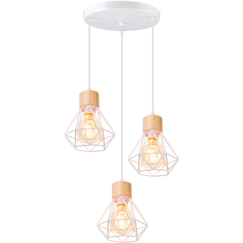 Wottes - E27 Lampes Suspension Industrielle Vintage Lustre Suspension Métal Bois Plafonnier Intérieur Ø16 - Blanc