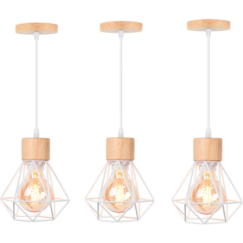 Wottes - E27 Lampes Suspension Industrielle Vintage Lustre Suspension en Métal Cage et Bois Ø15,5CM Blanc - 3Pcs