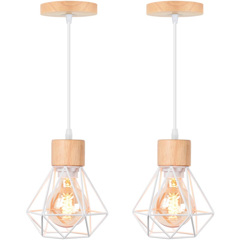 Wottes - E27 Lampes Suspension Industrielle Vintage Lustre Suspension en Métal Cage et Bois Ø15,5CM Blanc - 2Pcs