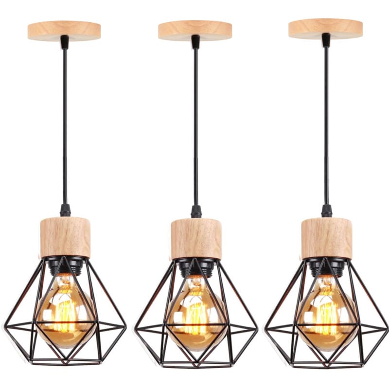 E27 Lampes Suspension Industrielle Vintage Lustre Suspension en Métal Cage et Bois Ø15,5CM Noir - 3Pcs