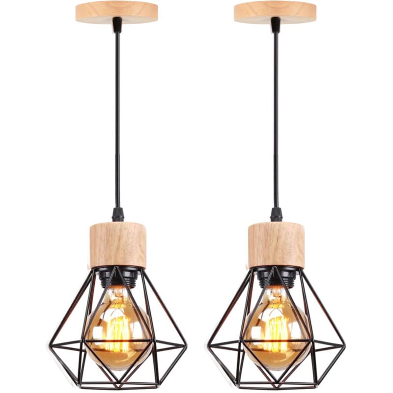 Wottes - E27 Lampes Suspension Industrielle Vintage Lustre Suspension en Métal Cage et Bois Ø15,5CM Noir - 2Pcs
