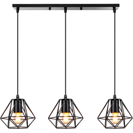 Lampes Suspension Vintage Industrielle Lustre Suspension Métal 3 Lampes de Plafond Abat-Jour Noir Ø16CM Base au Plafond Ø50CM