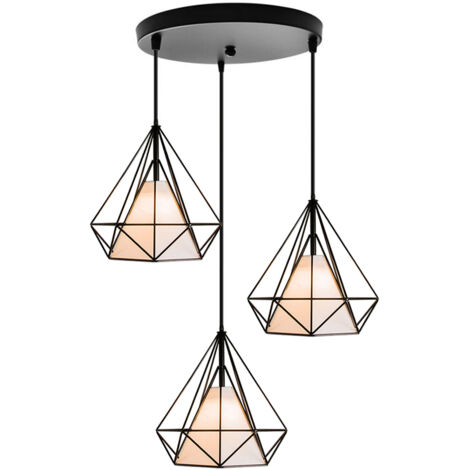 Lampes Suspension Vintage Lustre Suspension Abat-jour Métal et Tissu 3 Lumières Forme Dimant de Cage - Noir