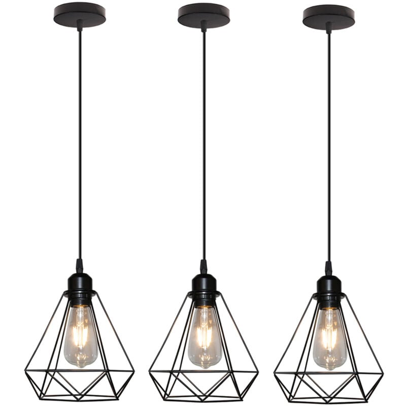 Wottes - Lampes Suspensions Vintage Lustre Suspension en Métal Abat-jour Luminaire Forme de Cage pour Bar Chambre Cuisine Noir - 3Pcs