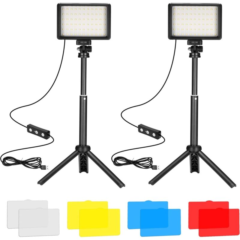 Lampes Vidéo LED 2-Pack, Panneau LED Video USB à Variable 5600K avec Mini Trépied et Filtres Colorés pour Photographie, Prise de Vue sous Angle Bas,