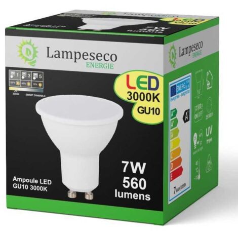 Lampesecoenergie – Ampoule LED GU10 7W dimmable 3 niveaux – Lumière blanche chaude 3000K – 560 lumens – Angle de diffusion 120° – Durée de vie 15.000h - 3-step
