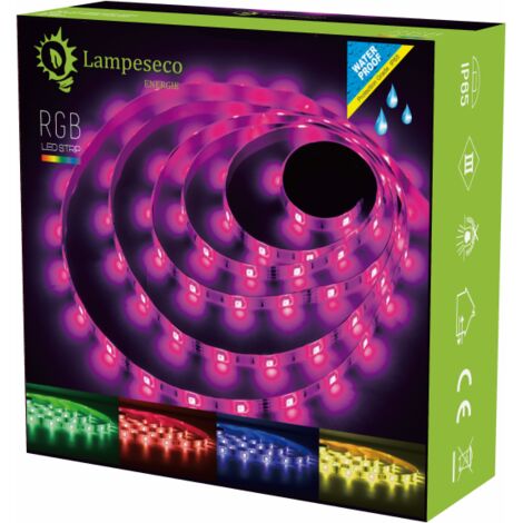Lampesecoenergie – Bande LED 5m RGB auto-adhésive – 150 LEDs – IP65 pour extérieur – Tension 230V – Télécommande incluse
