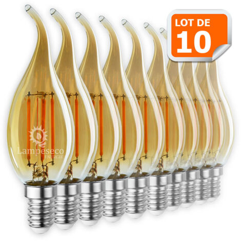Lampesecoenergie – Lot de 10 ampoules décoratives led à filament doré 4W – Culot E14 – Lumière chaude 3000K – Durée de vie 15000h – Classe énergétique A+
