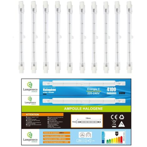 Lampesecoenergie – Lot de 10 ampoules halogènes linéaires 300W R7s dimmables – Lumière chaude 2800K – 4100 lumens – Classe énergétique C