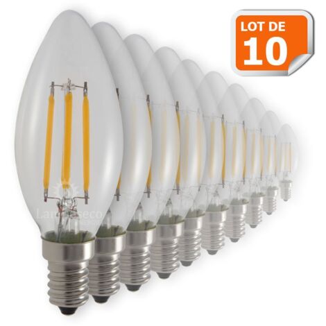 Lampesecoenergie – Lot de 10 ampoules LED E14 flamme filament 4W – Blanc chaud 2700K – Angle de diffusion 330° – 470 lumens