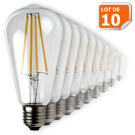 Lampesecoenergie – Lot de 10 ampoules LED filament E27 7W (eq. 52W) – Température couleur 2700K – Luminosité 950lm – Dimensions Φ64×143mm