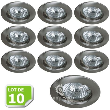 Lampesecoenergie – Lot de 10 fixations pour spots encastrables – Alu brossé – Diamètre 77mm – Compatible GU10 et GU5.3 – Pour ampoules jusqu'à 50W